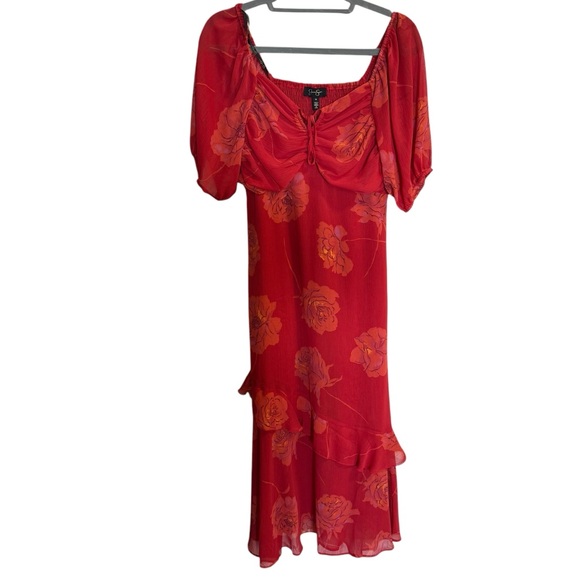 Jessica Simpson Aberash Red Scarlet Sage Floating‎ Rose Ruffle Maxi Dress Tiered - Picture 1 of 6